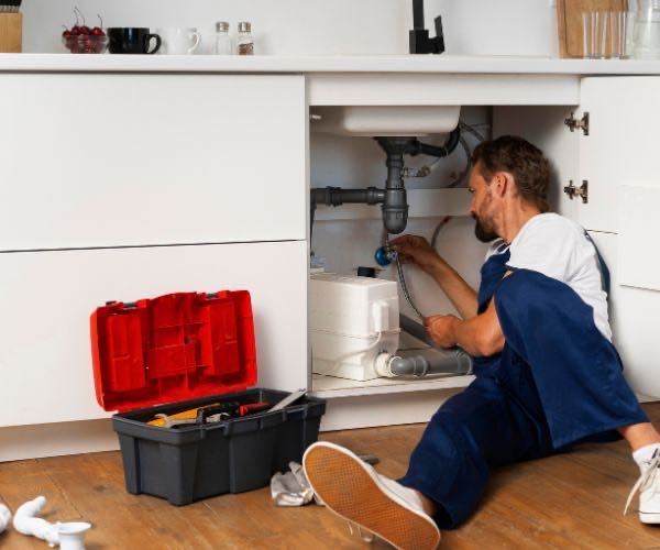 Installateur bei der Rohrreinigung unter der Küchenspüle in Österreich